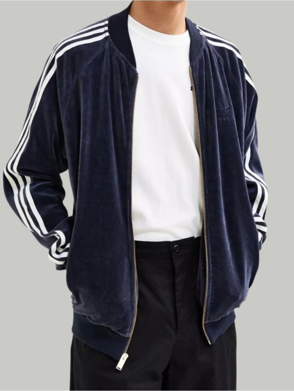 adidas Navy Blue Velour Firebird Track Jacket White Stripes SZ Small Retro EUC